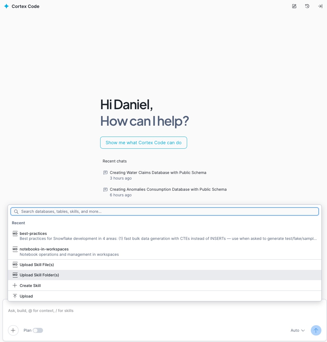 +-Schaltfl&auml;che in Cortex Code zum Hochladen einer Skill